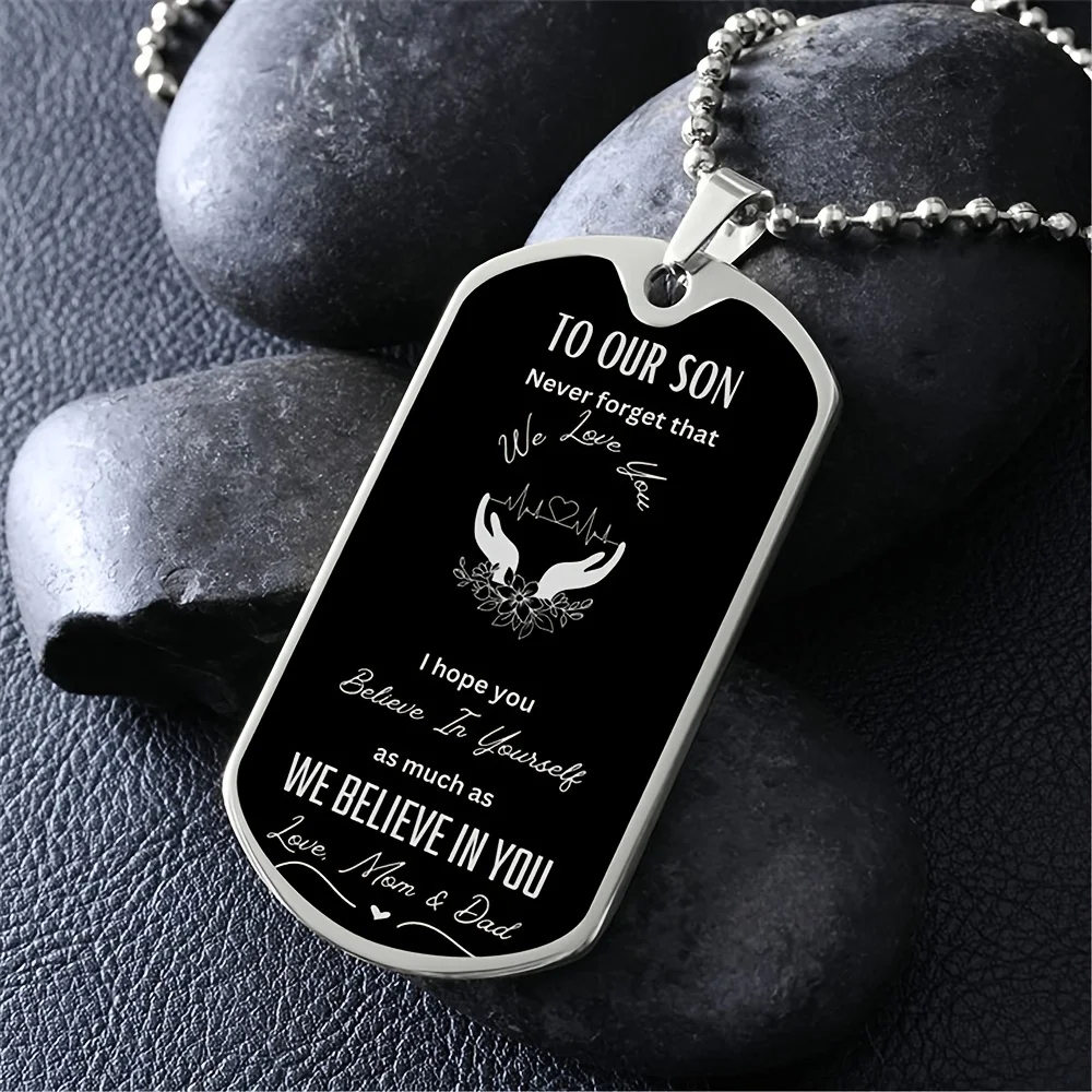 

Stainless Steel To My Son Square Tag Pendant Necklace, Graduation Christmas Day Birthday Gifts