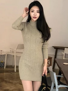 New Autumn Winter Knitted Elegant Women Dress Sweater Simple Screw Thread Bodycon Mini Inner-Match Stretchy Street Mujer Vestido