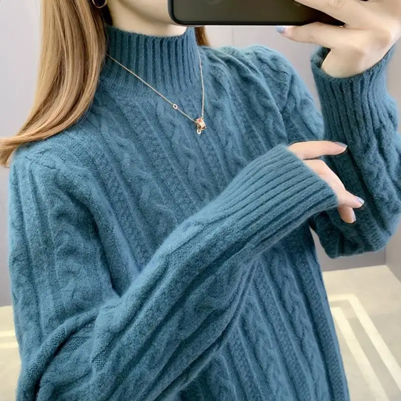 

Autumn and Winter Women's Pullover Half High Neck Fried Dough Twists Slim Fit Solid Backing Shirt Fashion Long Sleeve Tops