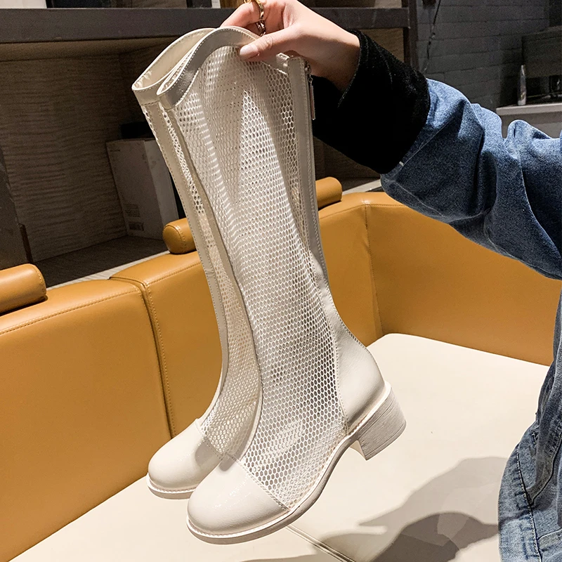 

New Fashion Women Knee High Boots Square heel Zipper Sexy Lace Mesh Boots Summer Cool Boots Breathable Women's Shoes NYBYCACL
