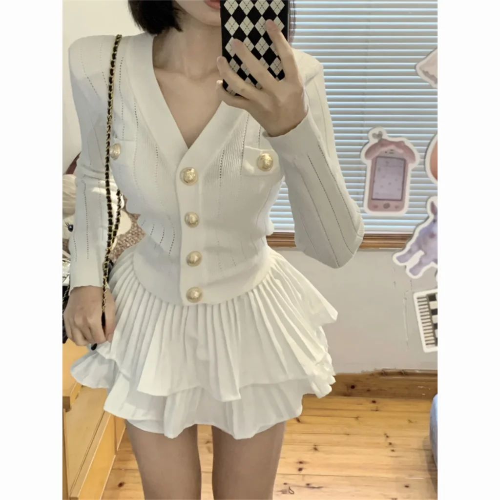 Autumn Korean Fashion Knitted Two-piece Skirt Set Women Casual Single Breasted V-neck Sweater Mini Ruffles Skirt Y2K New Outfits