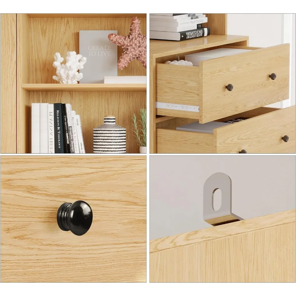 Kitchen cupboard, 3-Tier Modern Bookshelf with 3 Large Drawer,Wood Cabinet with Open Shelf,Glass Doors and Fixed Storage Shelves