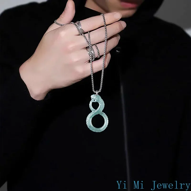 Natural A-goods Jadeite Snake Pendant Black Mamba Memorial Necklace Icy Jade Men and Women Models Fashion Jewelry Pendant pendant necklace jade jewelry