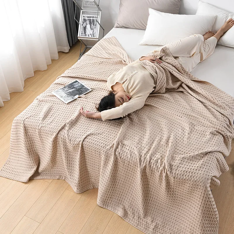 Description Picture 2 of itemSummer Waffle Plaid Cotton Bed Blanket Throw Thin Quilt Knitted Bedspread Home Hotel Coverlets Green Pink Throw Blankets