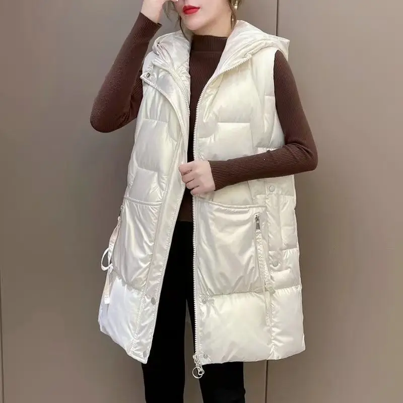 

Hooded Bright Face Women Sleeveless Coat Plaid Fashion Elegant Loose Casual Thicken Jacket Winter Lady Warm Down Cotton Vests