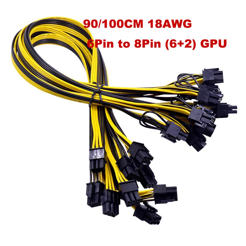 

Высококачественный сплиттер для графического процессора 90/100 см, 18AWG, PCIE, от 6 до 8 контактов (6 + 2), видеокарта, кабель питания для майнинга BTC, Ethereum