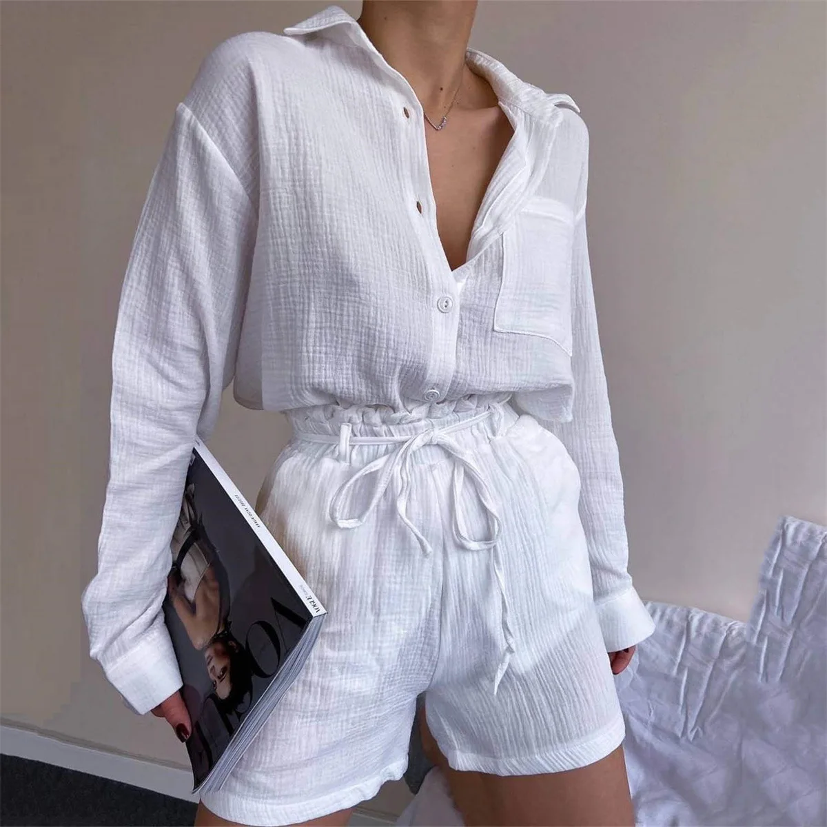 Solid 2 Pieces Set Cotton Outfits Summer Clothes Women Long Sleeve Turn Down Collar Pockets Button Shirts Tops Female Clothing