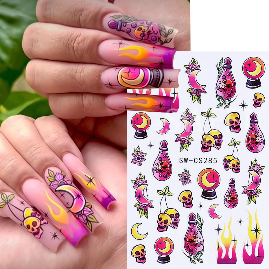 5pcs Halloween Nail Stickers Cartoon Cute Ghost Spider Web Cat Pumpkin Skull Nail Decals DIY Charms Sliders Manicure Decoration