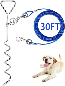 30ft Heavy Duty Dog Tie Out Cable with Anti-Rust Stake, Blue Leash for Medium-Large Dogs Up to 125 lbs 1