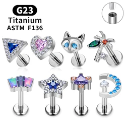 G23 Titanium Triangle Heart Fox Tragus Cartilage Helix Daith Piercing Stud Earrings for Women 16G CZ Ear Stud Pierc Body Jewelry