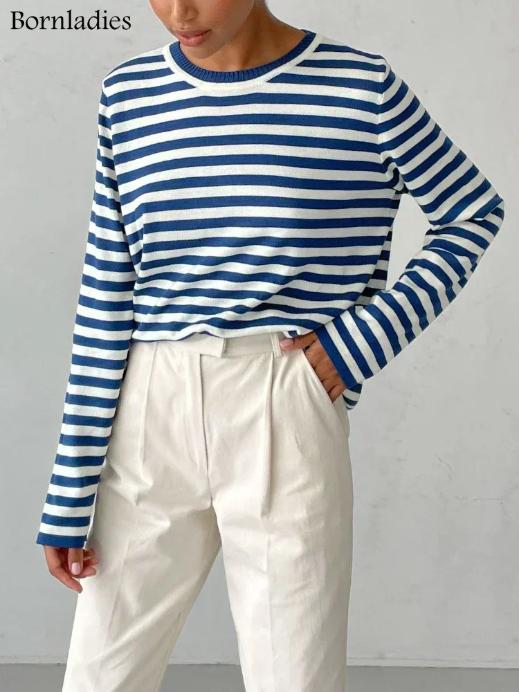 Bornladies Knitted Stripe Sweater Women 2025 Autumn Winter Loose Casual Thick Pullovers Female Warm Long-sleeved Round Neck Tops