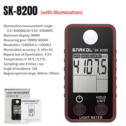 Digital Lux Meter with LCD Display - Pocket Light Sensor and Photometer for Lux/FC Measurement (0~200,000 lux) (SK - 8200)