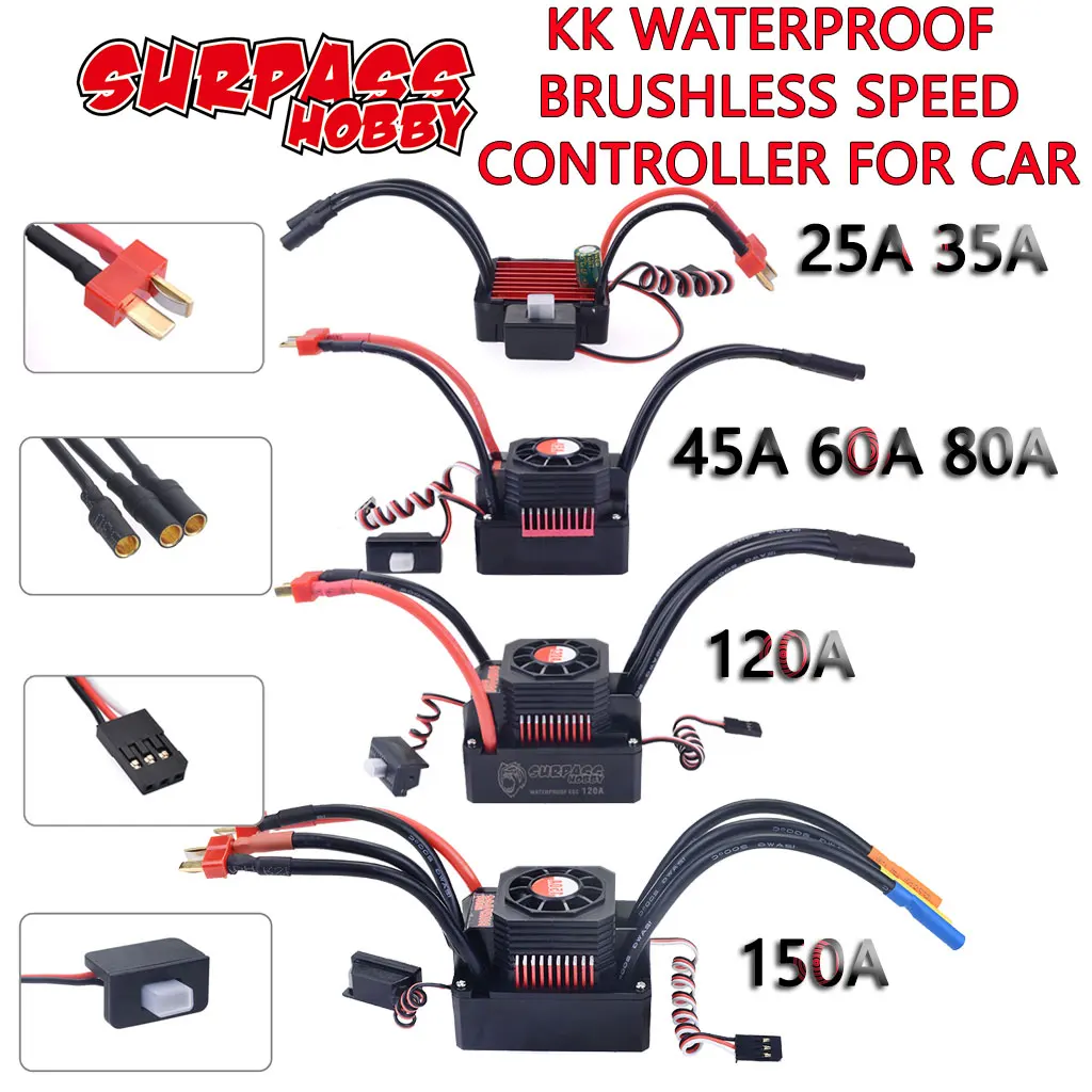 SURPASS HOBBY KK ESC Waterproof 150A 120A 80A 60A 45A 35A 25A Brushless Speed Controllers for 1/8 1/10 1/12 1/20 RC Car 1