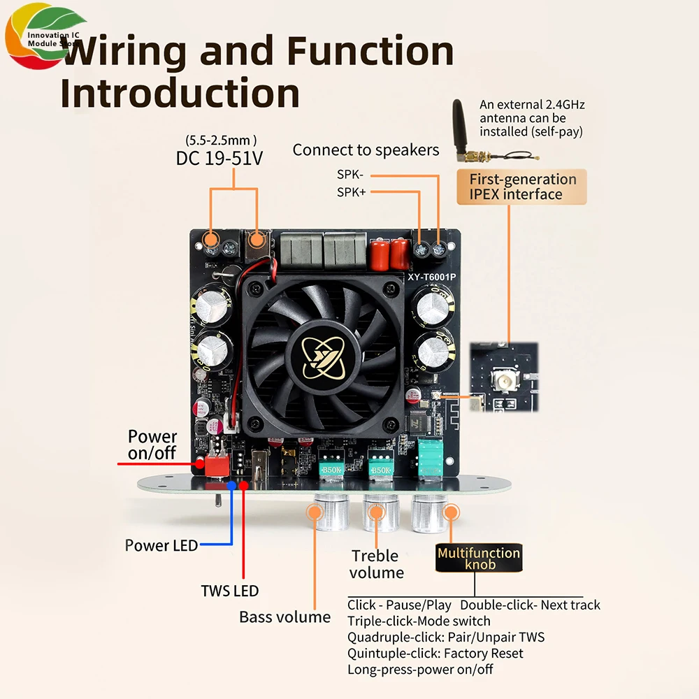 DC19-51V XY-T6001P 모노 600W BT 앰프 보드 모듈 고음 및 저음 TWS 트루 무선 페어링 박스 TPA3255 칩 앱 지원
