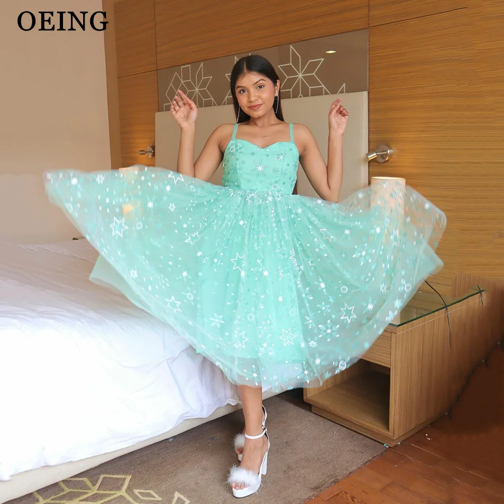 

OEING Starry Tiffany Blue Tulle Prom Dresses Glitter Sweetheart Spaghetti Strap A-Line Evening Party Dresses Formal Prom Gowns