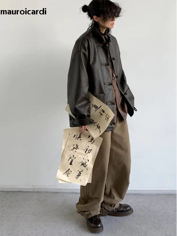 Mauroicardi Spring Cool Oversized Vintage Distressed Pu Leather Jacket Men Elegant Luxury Designer Chinese Style Clothes