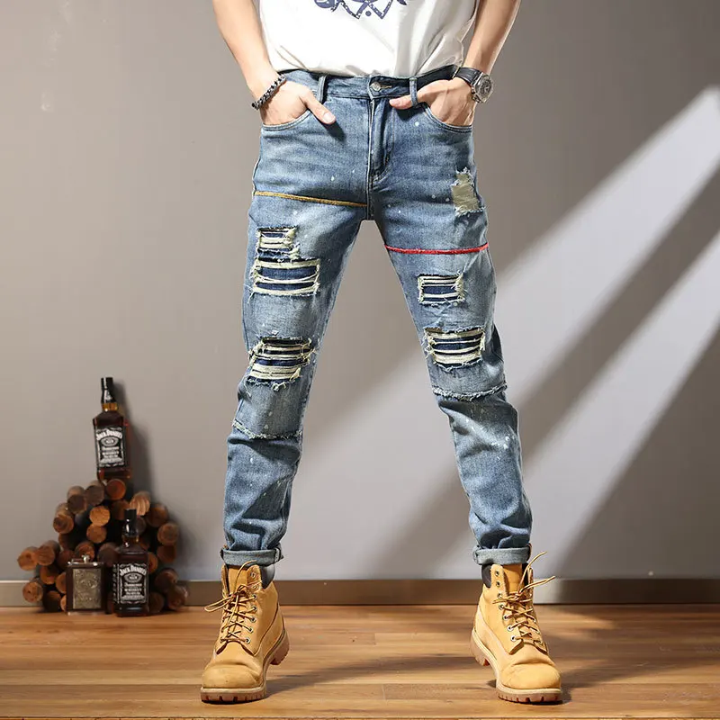 

Personalized Distressed Patch Jeans Men's Trendy Elastic Straight Leg Fashionable Casual Denim Pants Hole Trousers Blue Size 38