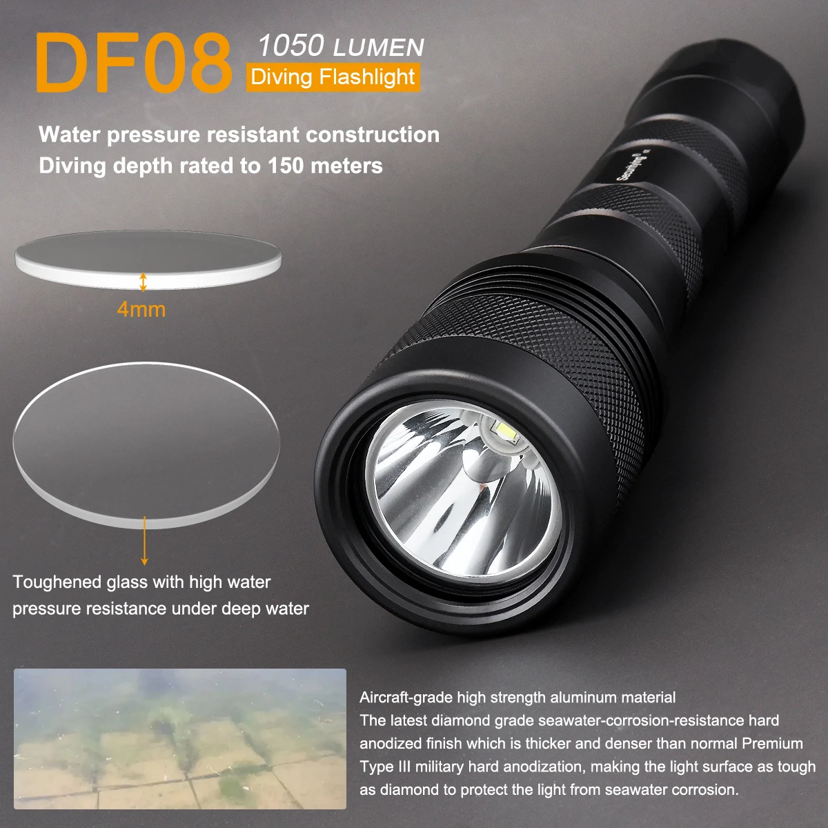 Torcia Subacquea SecurityIng DF08, 1050 Lumen, Profondit&agrave; 150m, LED, IPX8, Alluminio
