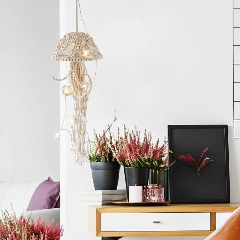 Attrape-rêve En Macramé Nordique Fait à La Main, Pendentif En Corde De Coton Tissée Avec Ficelle Lumineuse, Attrapeur De Rêves De Méduses Créatif, Décor De Chambre