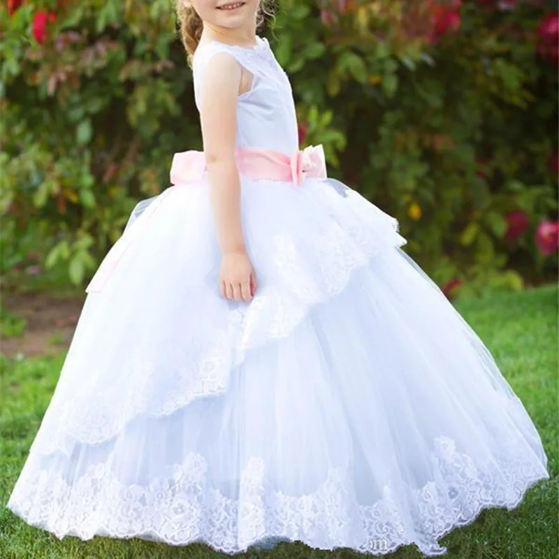 

Plus Size First Communion Dresses with Pink Bow Crew Neck Princess Party Gowns Lace Applique Tulle Flower Girls' Dresses Wedding