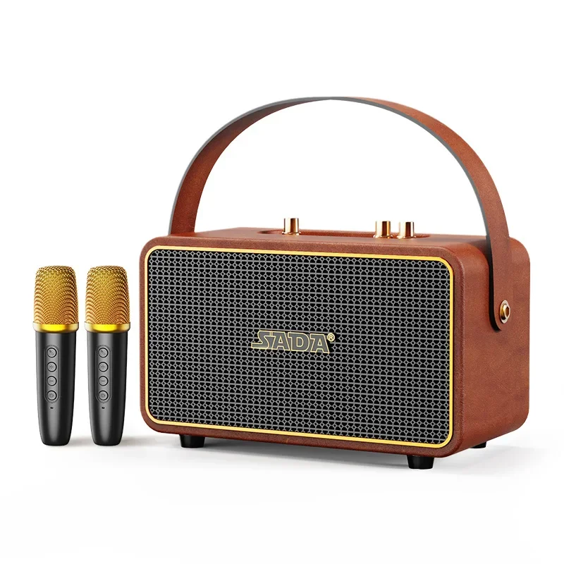 木製のビンテージスピーカー,ワイヤレススピーカー,Bluetooth,マイク