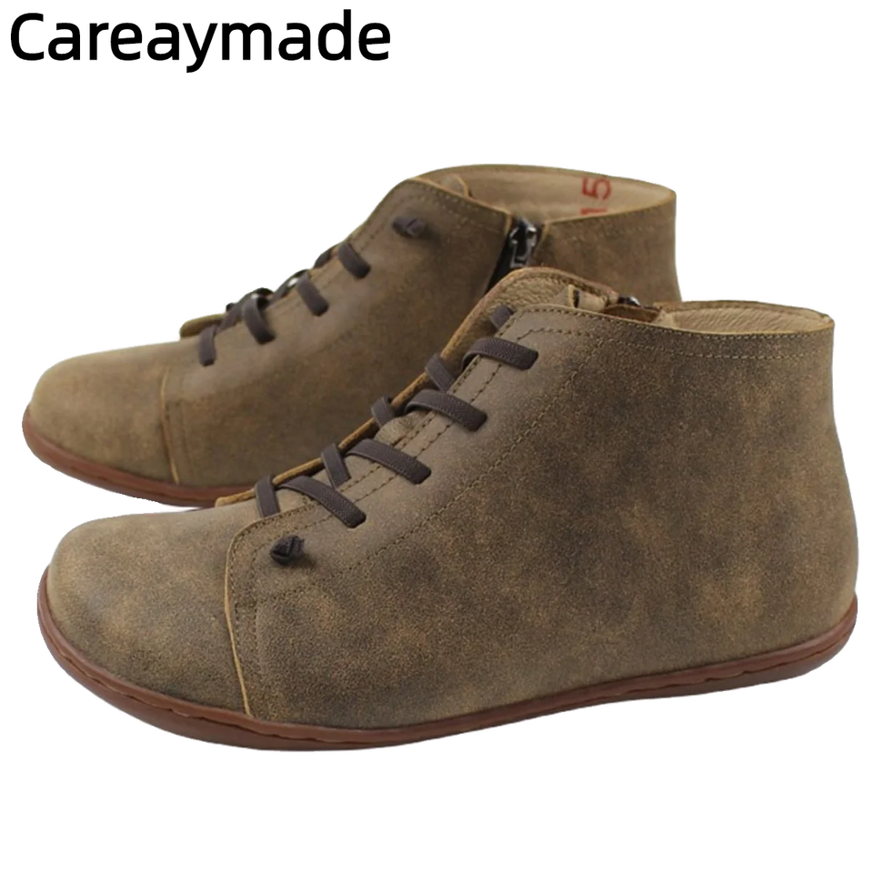 Careaymade-Genuine leather boots Retro-polished hand-made leather flat-bottomed leisure boots for women in autumn and winter