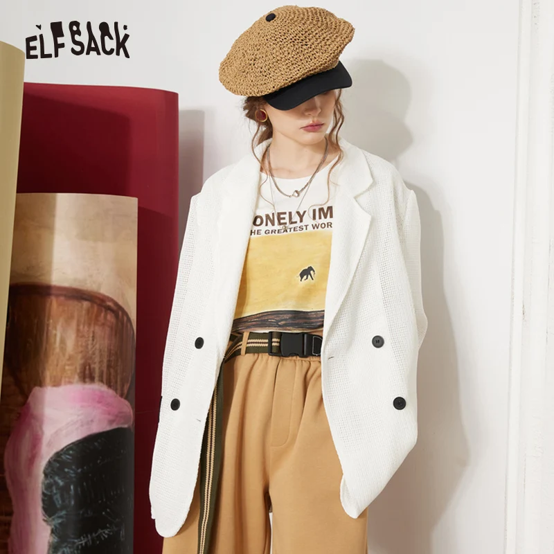 ELFSACK Lace Hollowed Out White Suit Jackets Women 2023 Spring New Casual Coats