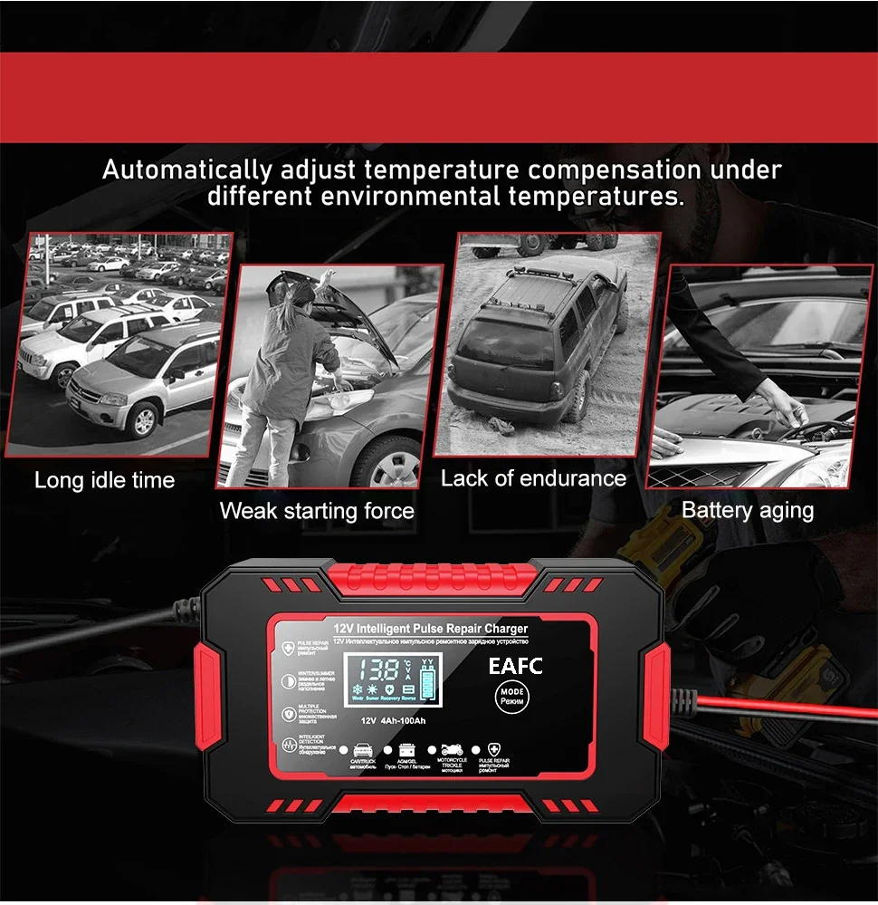 EAFC 6A 12V Smart Car Battery Charger Auto- und Motorradbatterieladegerät Blei-Säure-Batterie-Reparatur LCD-Display – Detail 3