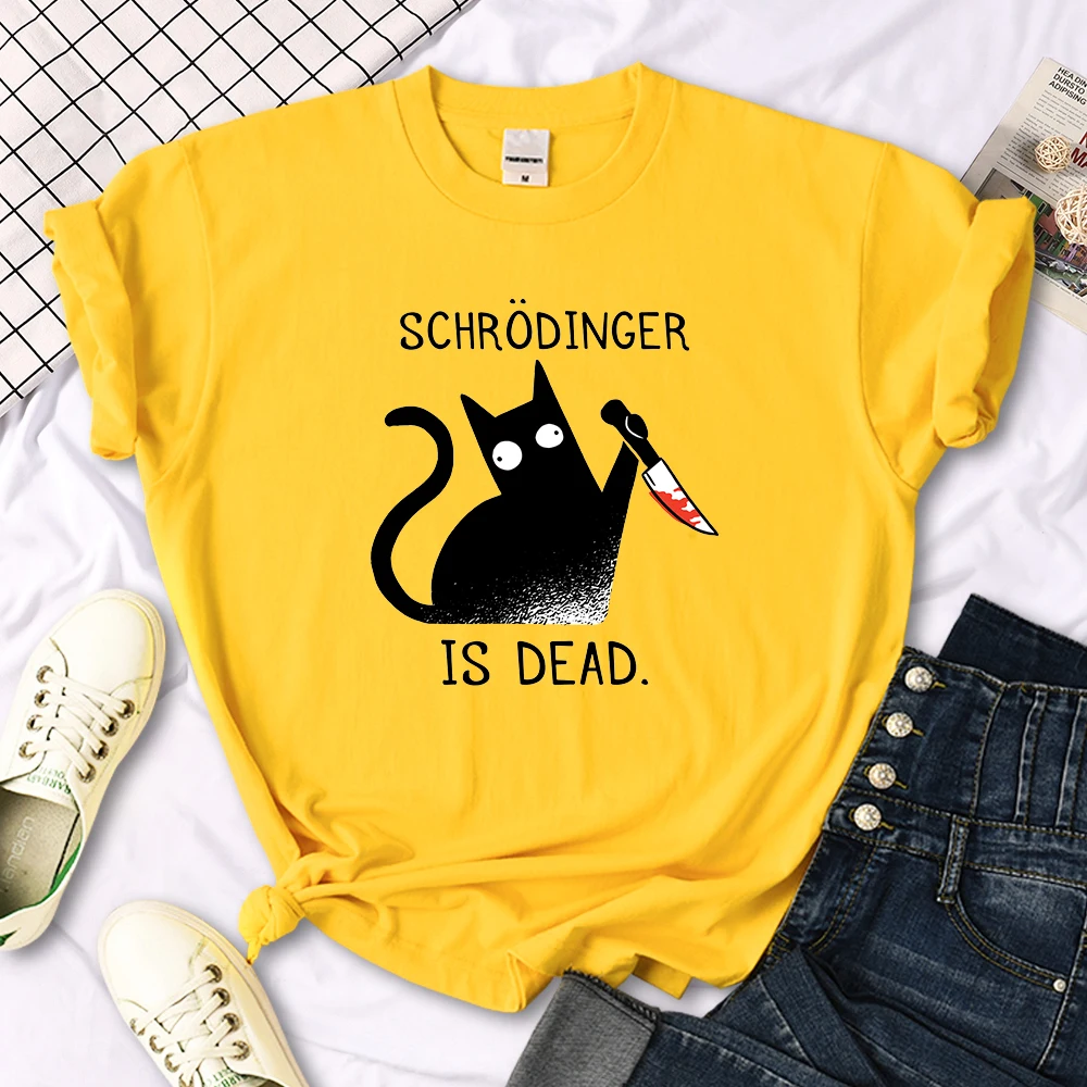 Females T-Shirts Schrodinger Is Dead Cartoon Black Cat Print T Shirt Women Oversized Soft Snug Loose Tees Comfortable Funny Tops