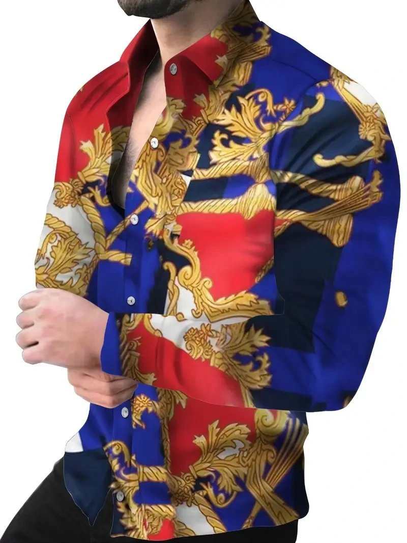 

2024 Men's European and American Fashion Gold High Quality Printed Luxury Long sleeved Shirts Suitable for Party Street Wear