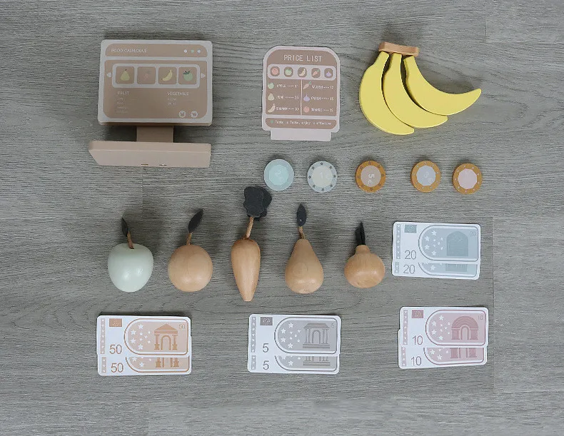 43cm High Quality Wooden Simulate Fruit stand banana apple pear cash register game Play house Interactive Toys baby girl gift 6
