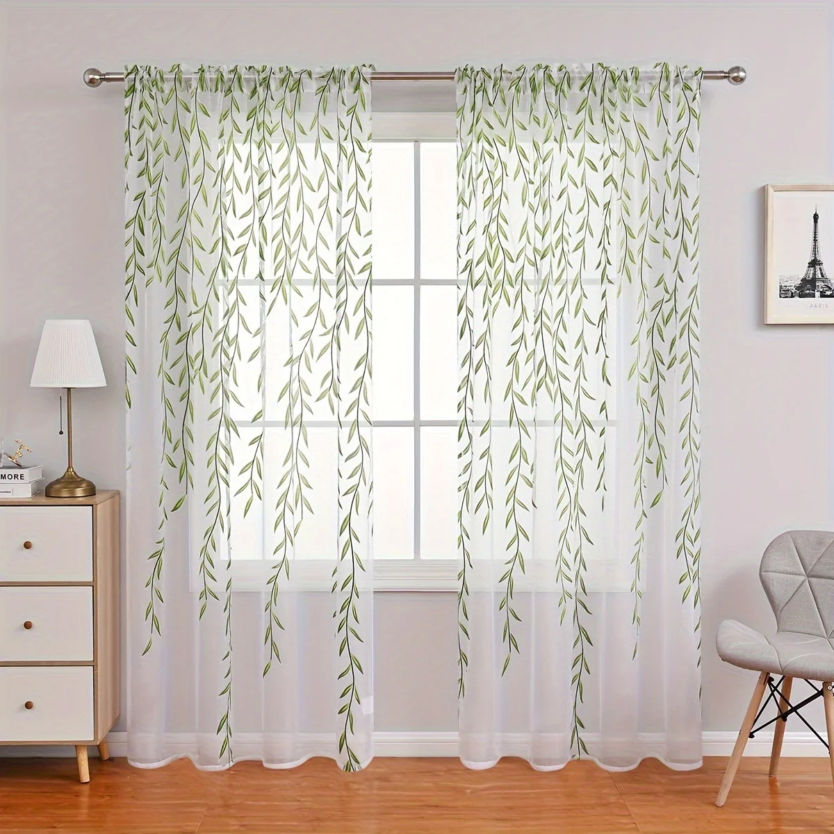 2pcs Contemporary UV-Protective Polyester Sheer Curtains with Willow Print - Rod