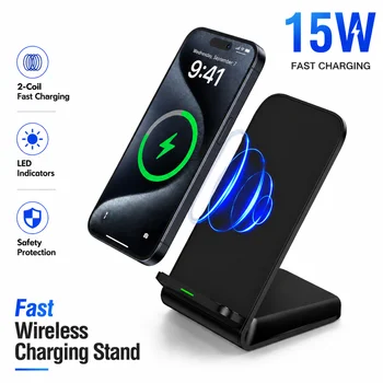Caricatore Wireless 15W con Supporto per Telefono, Stazione di Ricarica Rapida da Scrivania per iPhone 12-17, Samsung Galaxy S24-20, Xiaomi, HUAWEI, Android