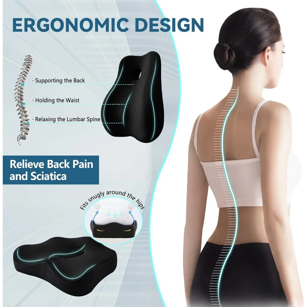 Seat Cushion & Lumbar Support Pillow Set for Office Chair, Ergonomic Pillow for Sciatica Pain Relief, Memory Foam Back Support 5