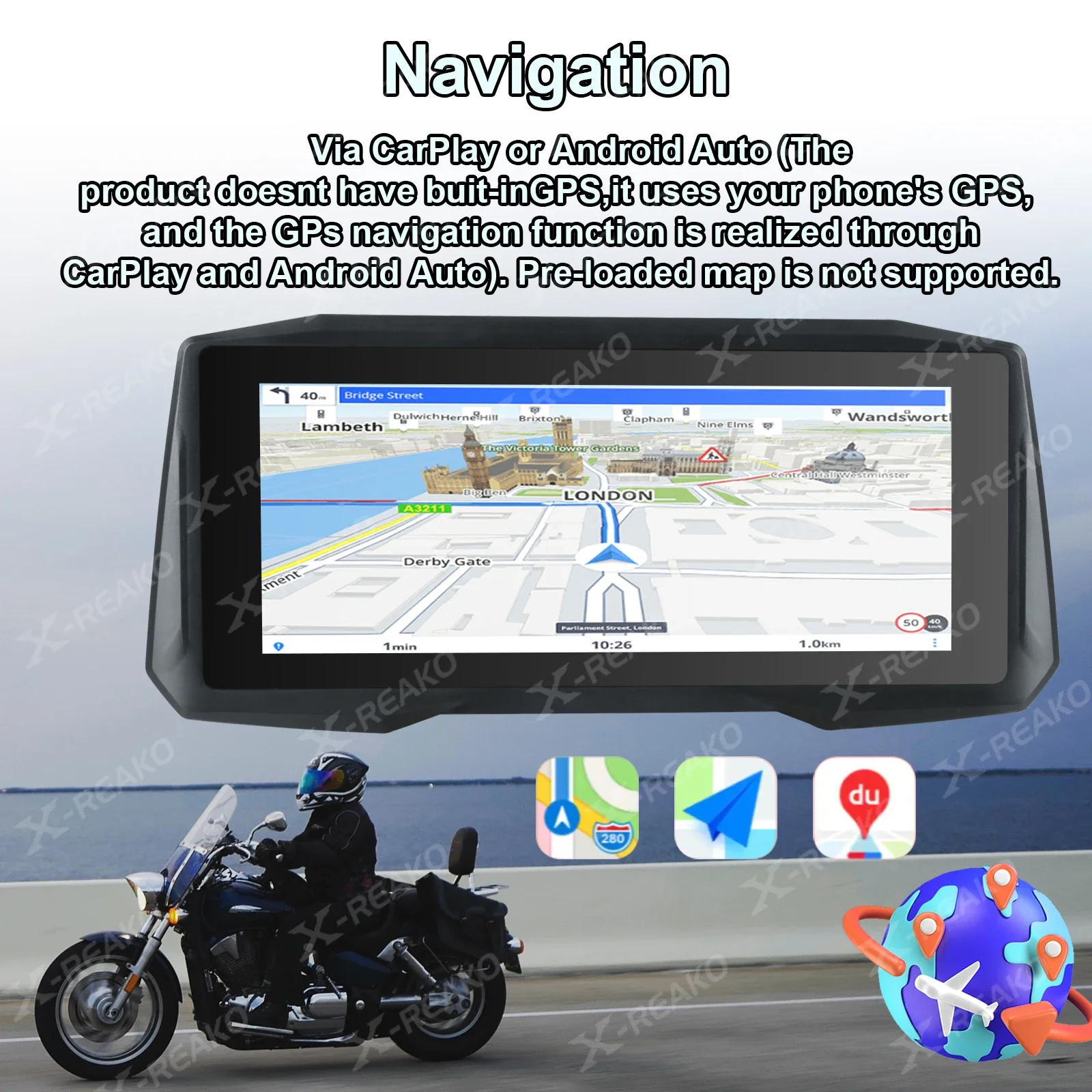 X-REAKO 6.86-inch MP5 Motorcycle Portable PND Voice Assistant Android Auto&Carplay DVR GPS Bluetooth HD Touch Screen TPMS