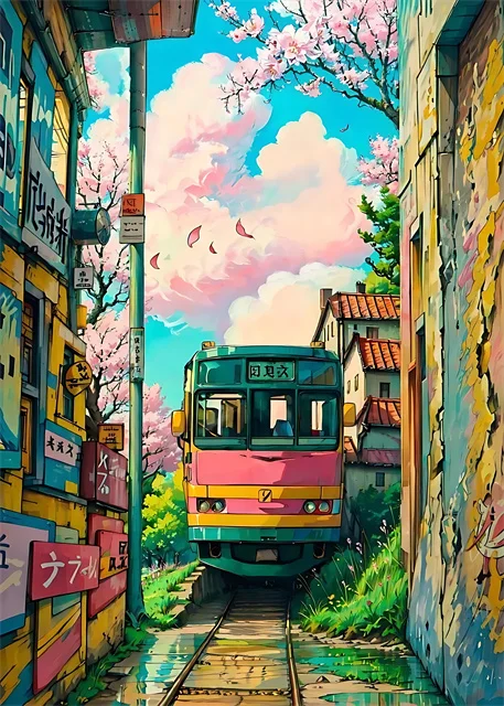 thumbnail image 1 of Pósteres e impresiones en lienzo de arquitectura de Sakura con paisajes callejeros japoneses, pinturas de arte mural para decoración del hogar y sala de estar moderna, 1 of 5