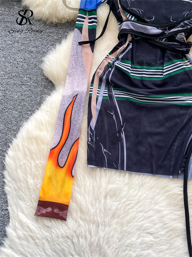 SINGREINY Multicolor Print Mesh Dress Sheer Long Sleeve Lace Up Slim Night Party Short Dresses Women Clubwear Bodycon Mini Dress 5