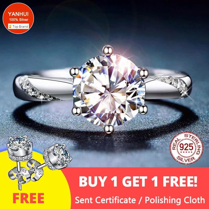With Certificate Luxury Tibetan Silver S925 Ring 2ct Zirconia Diamond Wedding Band Women Anniversary Gift (Free Sent Earrings) | Украшения