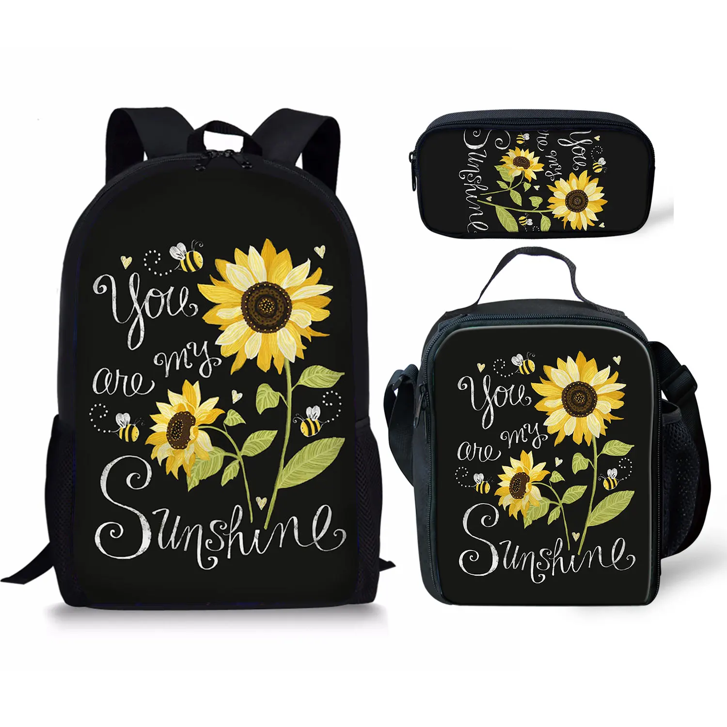 Popular Youthful Sunflower 3D Print 3pcs/Set Student Travel bags Laptop Daypack Backpack Lunch Bag Pencil Case