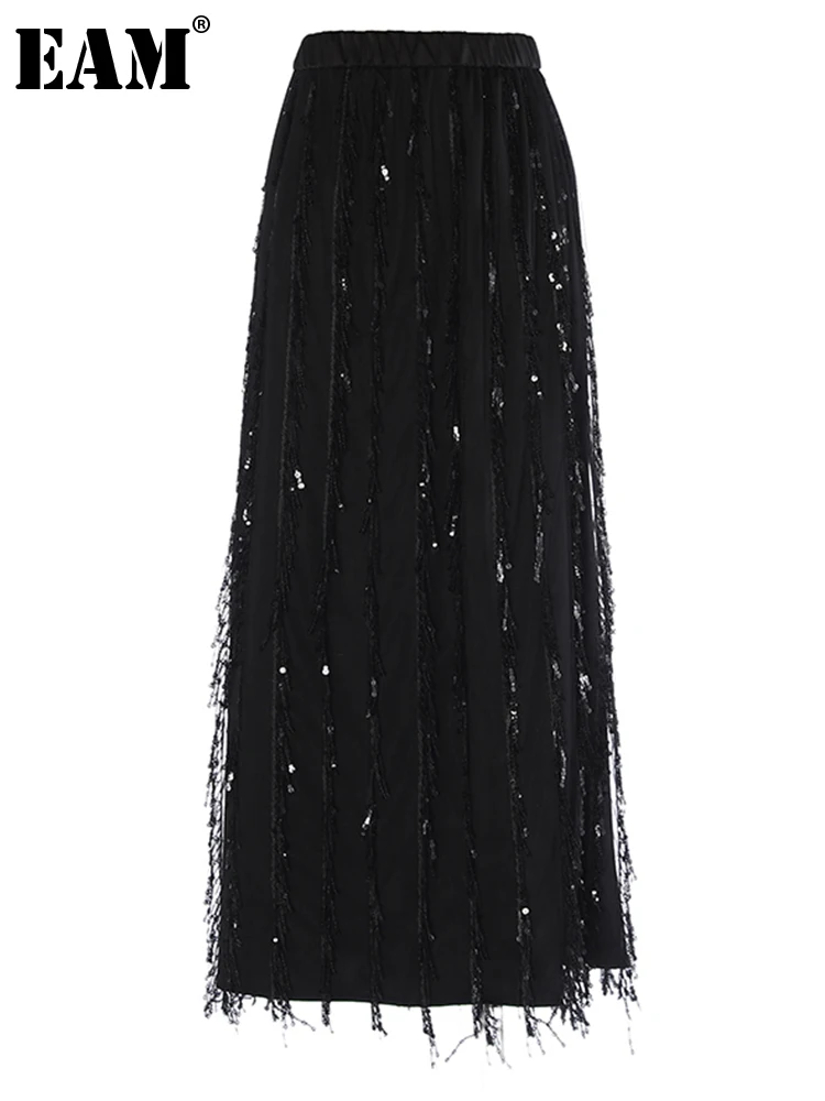 

[EAM] High Elastic Waist Black Sequins Tassels Shining Elegant Half-body Skirt Women Fashion New Spring Autumn 2024 1DH1112