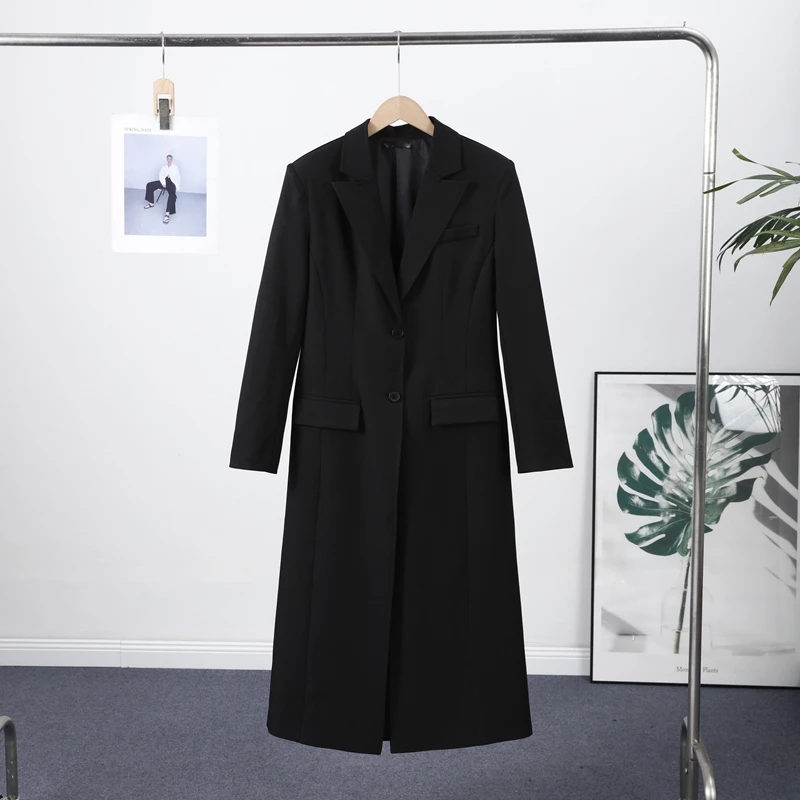 Sophisticated Women's Black Long Blazer Coat with Shoulder Pads