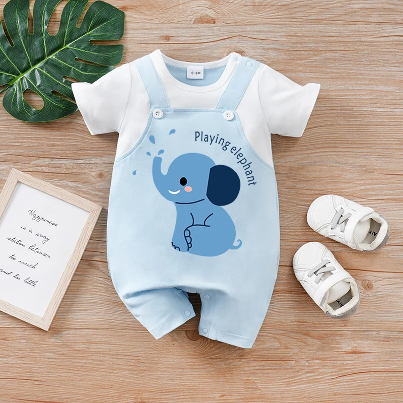 Newborn Baby Clothes Animal-Blue elephant print Infant Jumpsuit