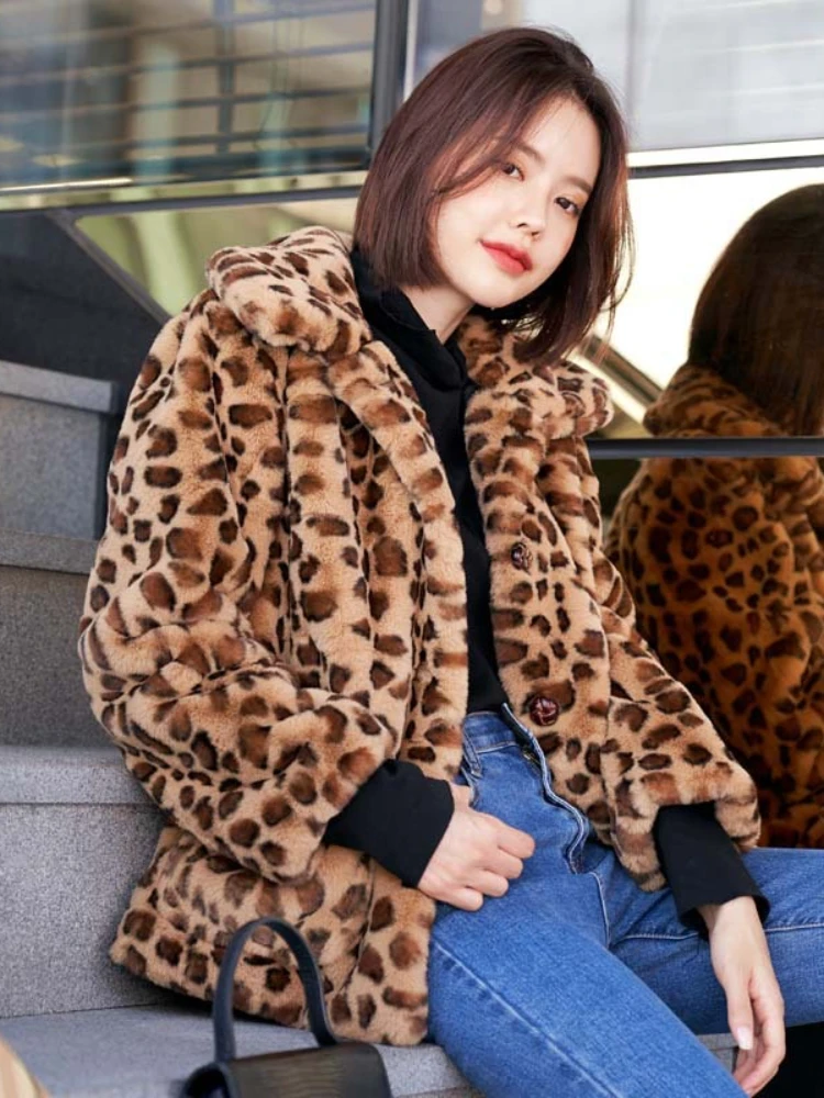Faux Fur Jacket Leopard Patterned Women's Clothing Winter Short Mink Velvet Rex Rabbit Plush Outerwear Thick Warm Fur Coat 1Pc