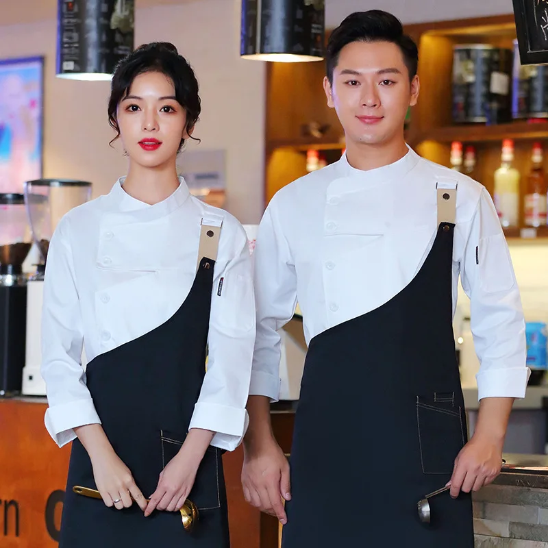 

C124 Chef Jacket and Apron for Men Women Restaurant Kitchen Cook Waiter Waitress Uniform Bakery Bar Cafe Clothes Long Sleeve