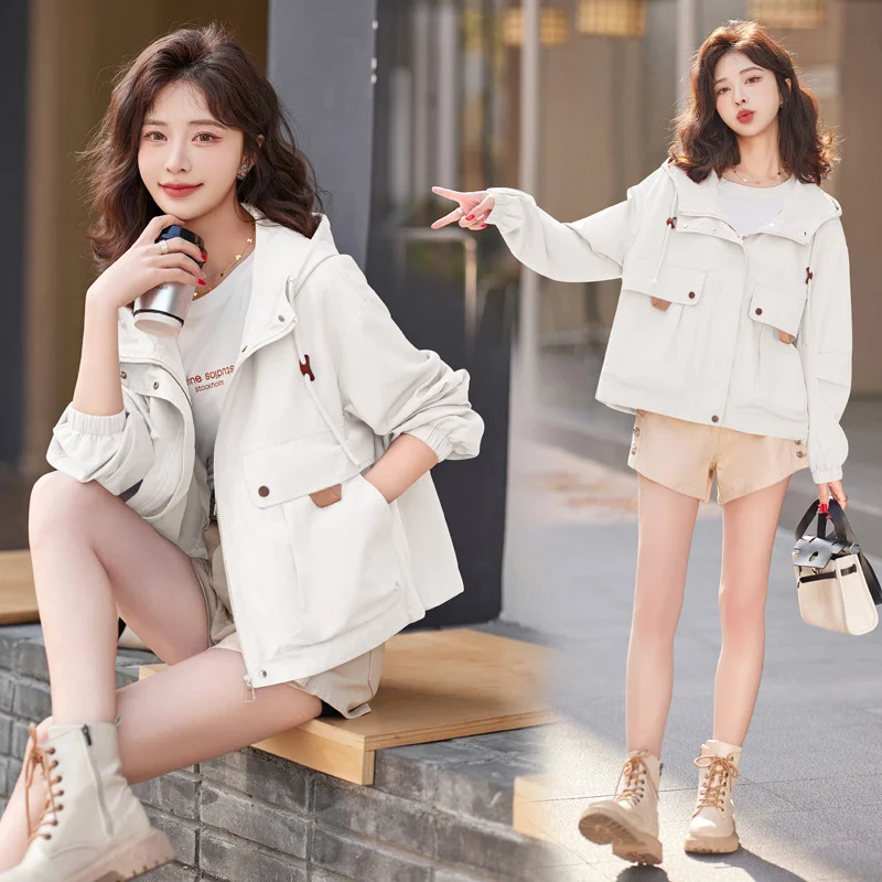 White Short Jacket For Women's Spring Autumn 2024 New Fashion Loose Casual Versatile Hooded Work Jacket Top With Lining Outwear