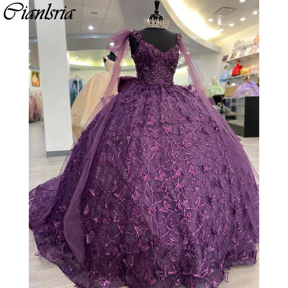

Purple Sequined Lace Ribbons Ball Gown Quinceanera Dresses Off The Shoulder 3D Butterfly Bow Corset Vestidos De 15 Años