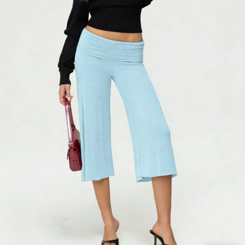 Women's Flowy Fold Over Capri Pants with Ruffle Hem and Elastic Waist