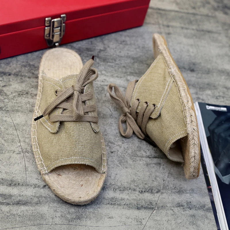 

Vintage Handmade Hemp Bottom Men Slippers 2023 Spring New Men's Casual Shoes At Home Breathable Wear-resistant Straw Woven Shoes
