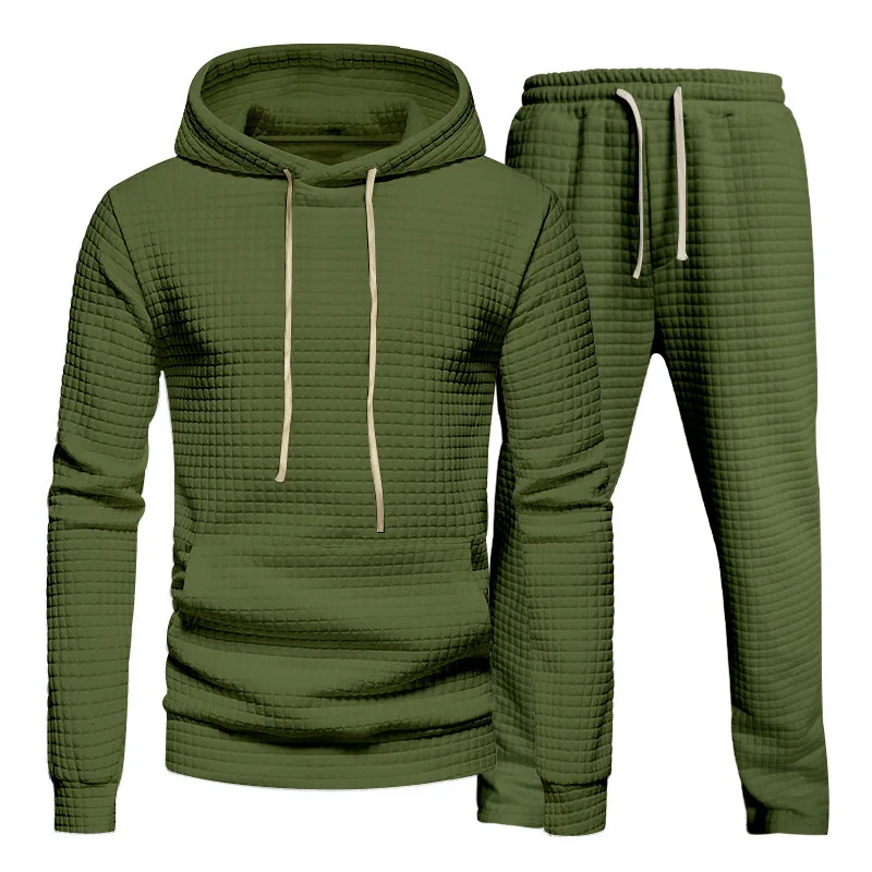 Autumn Men's Jacquard Small Square Hooded Sweater Trousers Casual Sports Suit