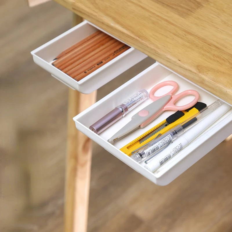 Office Self Stick Pencil Tray Under Desk Drawer Storage Box Hidden Stationery Organizer Stand For Pens Home Storage Organizer